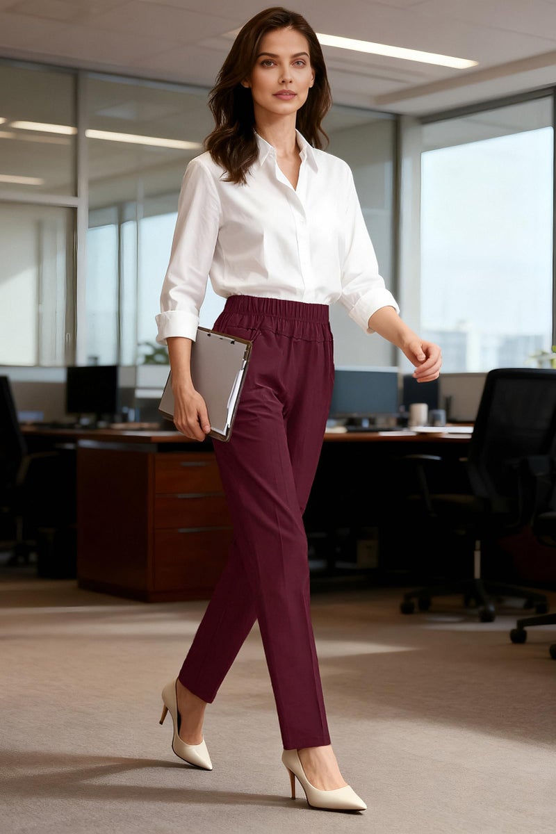 Soojun Womens Summer Elastic Waist Comfy Stretch Pull On Pants, Burgundy, X-Large - Image 4
